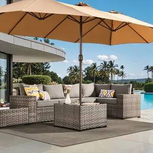 Ovios Patio Umbrella Coffee Table with Umbrella Hole, Outdoor Wicker Rattan Coffee Table with Tempered Glass Top and Storage Shelf, All-Weather Table for Backyard Garden Deck Porch Poolside Seating Area