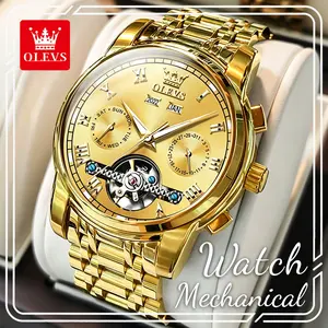 OLEVS 6607 Gold Men's Automatic Mechanical Watch, Luxury Skeleton Dial Wristwatch, Waterproof Stainless Steel Dress Watch