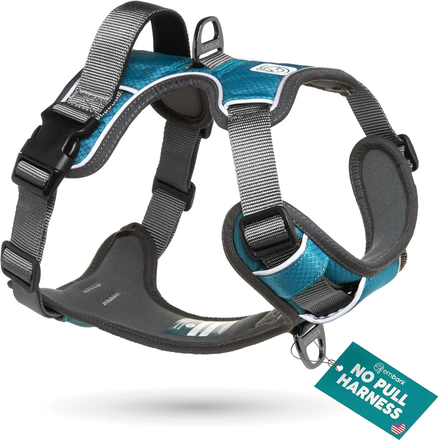 Embark Adventure Dog Harness XL for Extra Large Dogs Reflective Trim Military Grade Nylon 2 Leash Clips Gel Lined Handle Soft Padded No Pull Safety Clips
