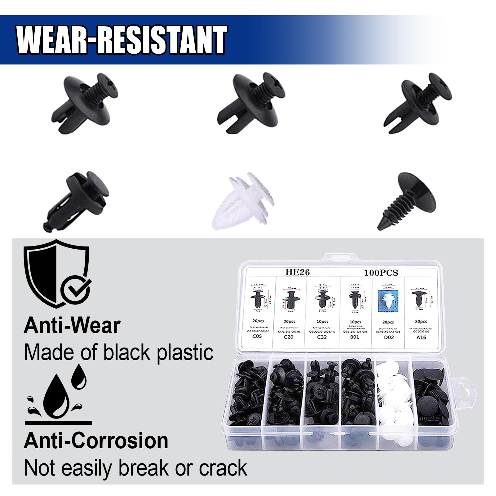 100 Pcs Bumper Clips Car Clips Plastic Rivets Fasteners Push Retainer Kit with Sizes Auto Push Pin Rivets Set