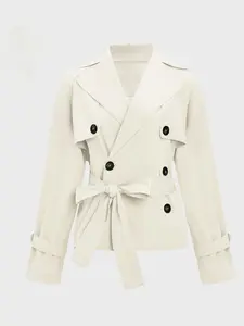Women's Trendy Solid-Color Notched Lapel Double-Breasted Long Sleeve Trench Coat Women's Trendy Solid-Color Notched Lapel Double-Breasted Long Sleeve Trench Coat