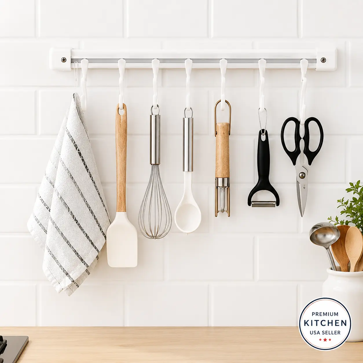 2-Pack No-Drill Sliding Rail Kitchen Utensil Hanger - Wall-Mounted ABS Plastic Organizer with 10 Movable Hooks, Adjustable Multifunctional Storage Rack for Kitchen Cabinets, Party Supplies, Jars, Bags,new,random,flash