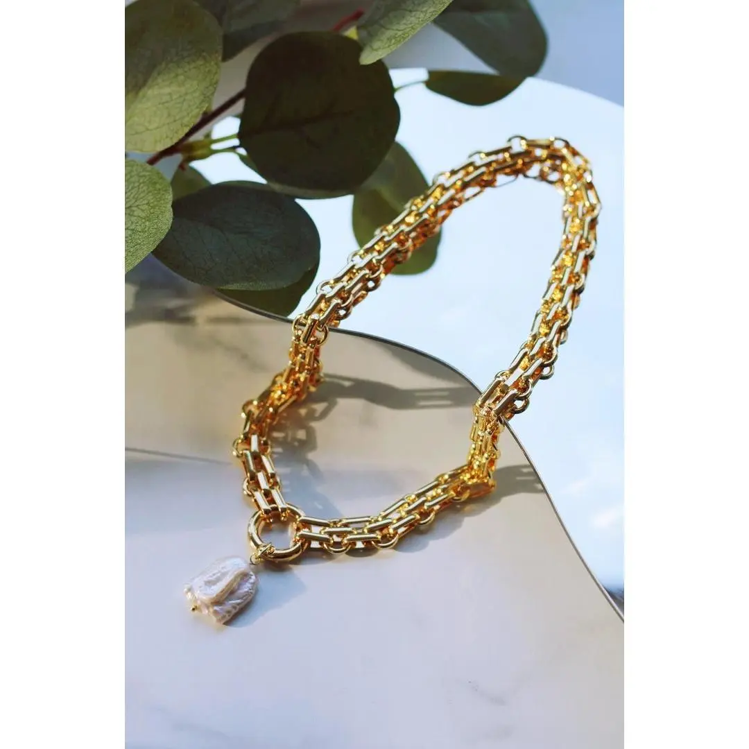NORA DOUBLE CHAIN PEARL NECKLACE (NATURAL PEARL + WATERPROOF)