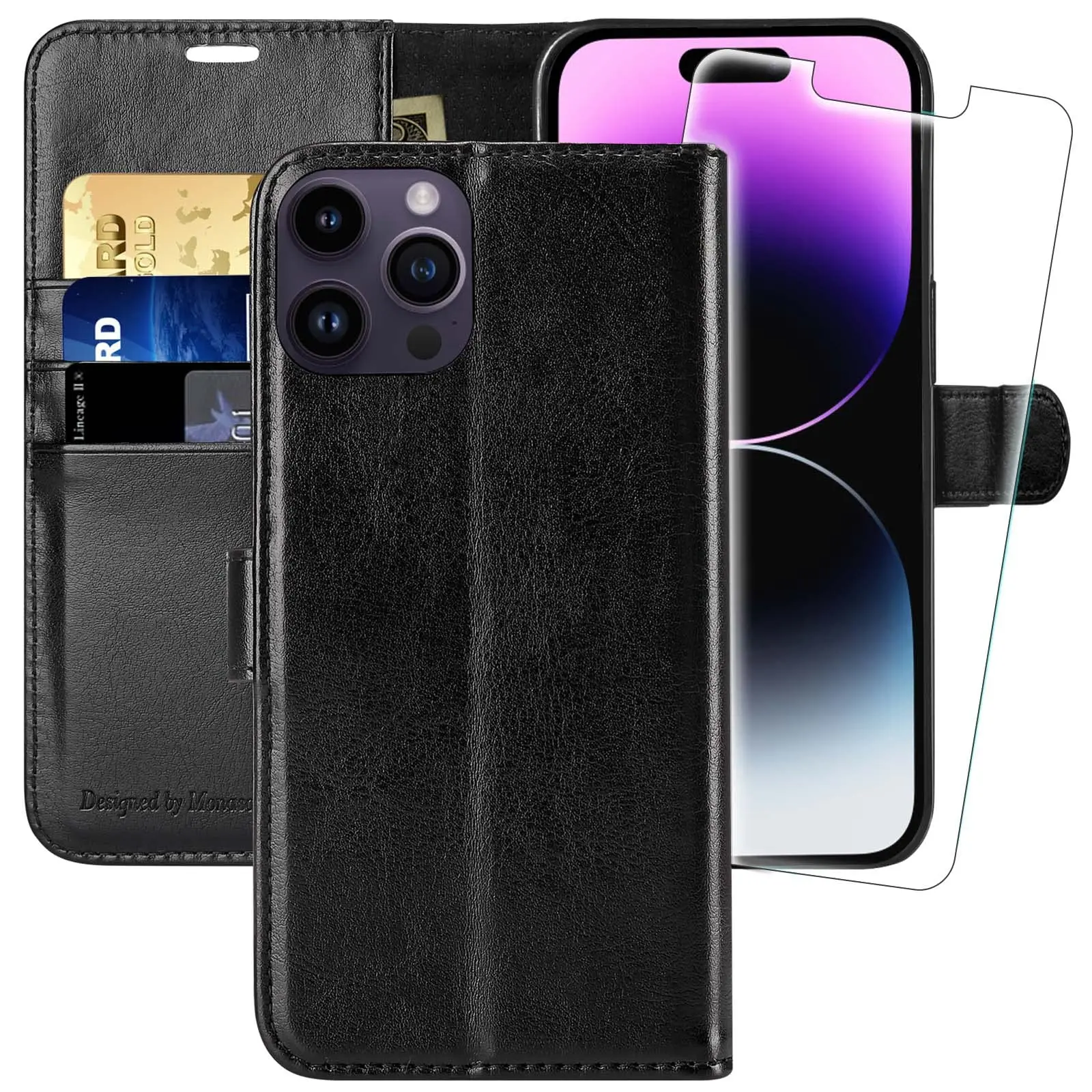 MONASAY Wallet Case Compatible for iPhone 14 14 Pro 14 Pro Max 14Plus 15 15 Pro 15 Pro Max 15 Plus [Glass Screen Protector Included] [RFID Blocking] Flip Folio Leather Cell Phone Cover with Credit Card Holder phone case