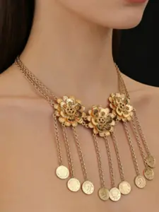 Vintage Turkish Flower Gold Coin Bell Necklace, 18k Gold Plated Luxury Exotic Pendant, Elegant Geometric Design, All Seasons Accessory