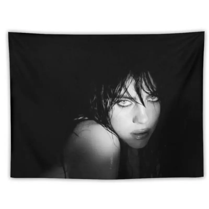 Strong Digital Print Billie Music Album Poster Tapestry - Black & White Portrait Wall Hanging with Pink Accents, 100% Polyester Peach Light Beige Fabric, Horizontal Wall Art for Living Room Decoration, Unique Gift for Music Fans
