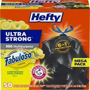 Hefty Ultra Strong 30 Gallon Trash Bags, Large Trash Bags 30 Gallon Size, Multipurpose, Break Resistant Drawstring Closure, Resists Leaks, Punctures, and Tears, Black, Fabuloso Lemon Scent, 50 Bags