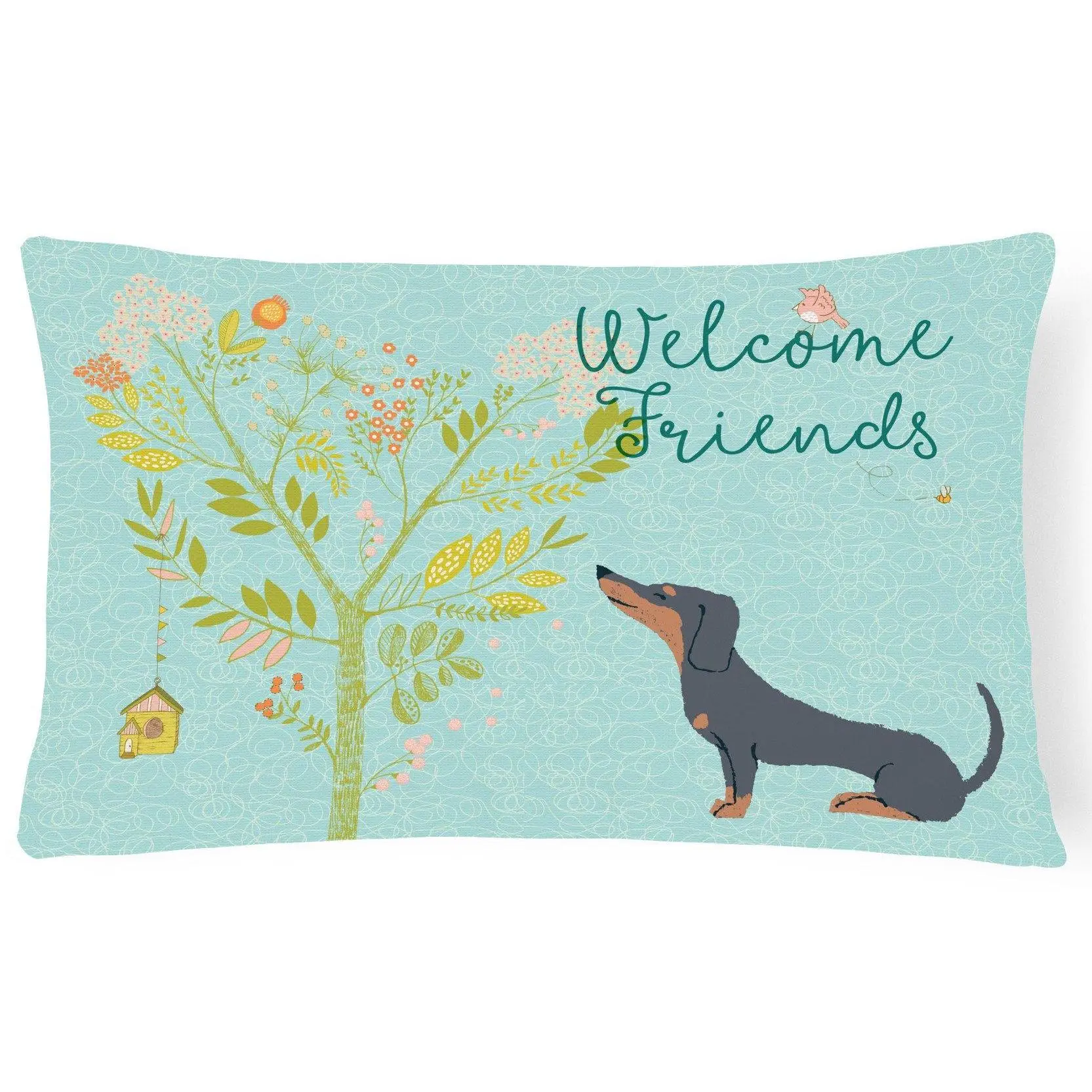 Black Tan Dachshund Animals Decorative Cushion - "Welcome Friends" Handmade Pillow, Fade-Resistant & Stain-Resistant Canvas Fabric, Superior Local Craftsmanship, BB7630PW1216