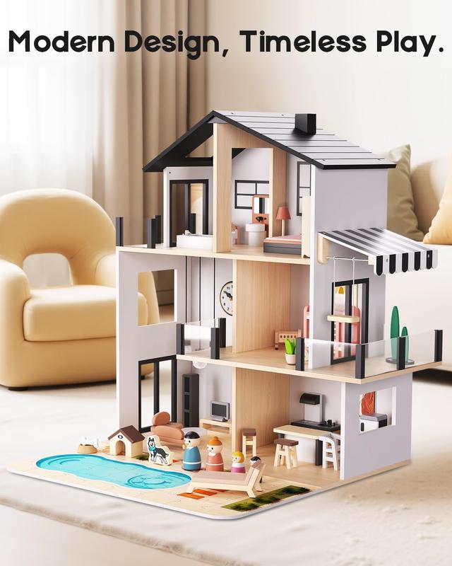 BIERUM Large Modern Wooden Dollhouse with 49Pcs Furniture, Dolls & Pets，DIY Puzzle Pool & Yard, Ideal Gift for Boys & Girls 3+