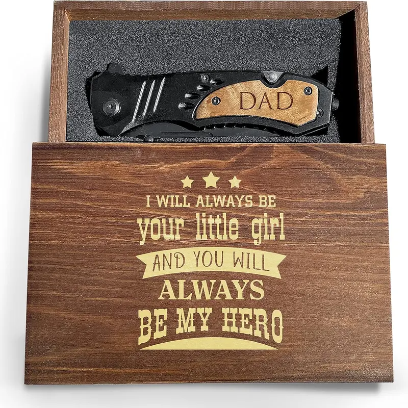 Personalized Pocket Knife for Dad, Engraved Folding Knife with Wooden Gift Box, Tactical Knife for Father’s Day, Cool Gift from Daughter or Son Christmas hlloween gift