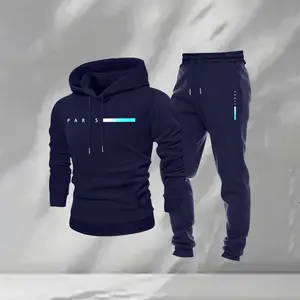 Men's Paris Print Crew Neck Sweatshirt & Drawstring Sweatpants Set with Pockets Casual Two-Piece Long-Sleeved Autumn Winter Sportswear Comfortable for Everyday Wear