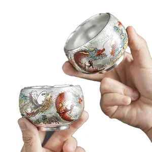 999 Pure Silver Master Tea Cup High-end Gilt Silver Dragon and Phoenix Tea Bowl Personal Use Ceramic Kung Fu Tea Set Gift