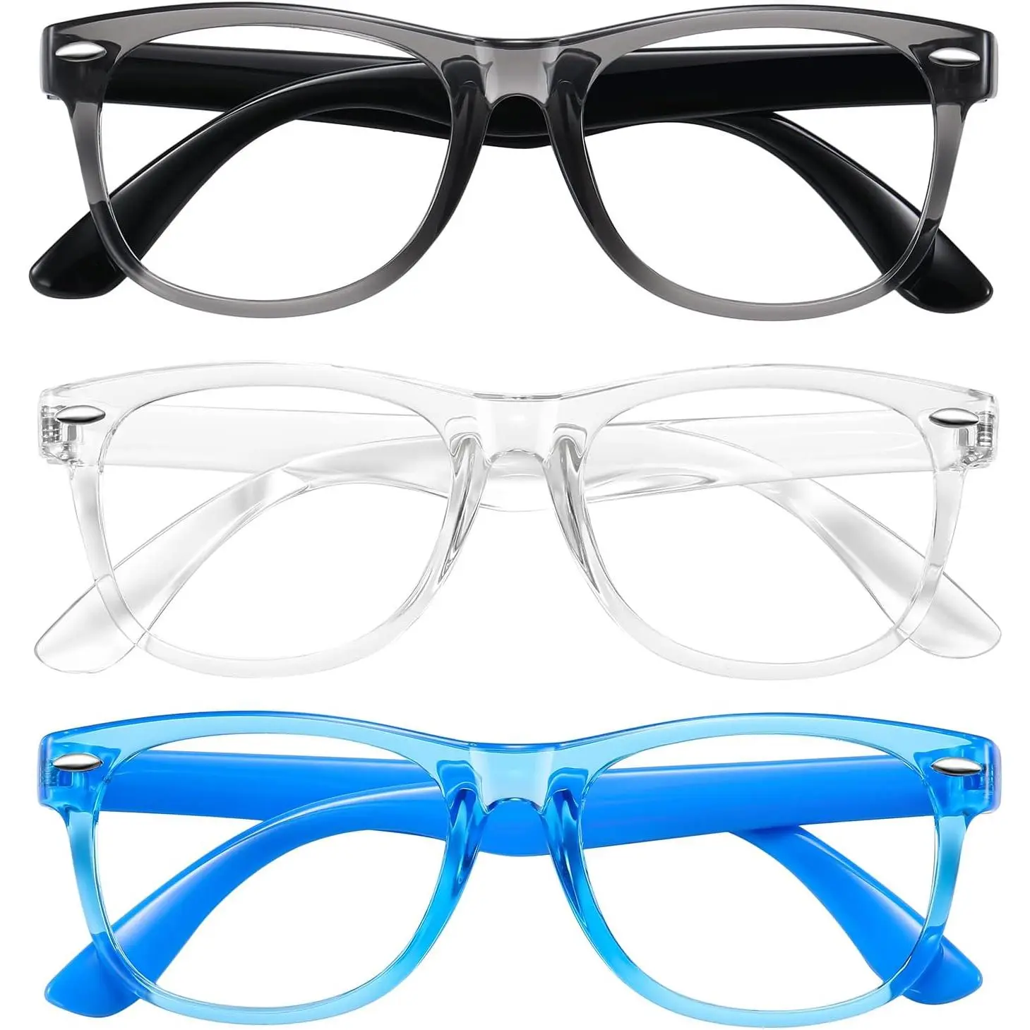 ST-46 Blue Light Glasses for Kids 3 Pack Blue Light Blocking Glasses for Teen Boys Girls Age 3-10,Computer Screen Gaming TV Phone Glasses Anti Glare,UV & Eye Strain (Grey Black+Transparent+Blue)