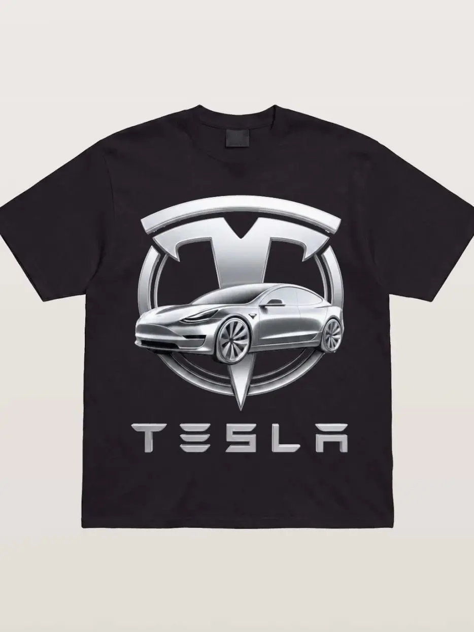 Tesla Silver Metallic Logo Print T-shirt Sweatshirt Hoodie, Car Enthusiast and Fans Gift