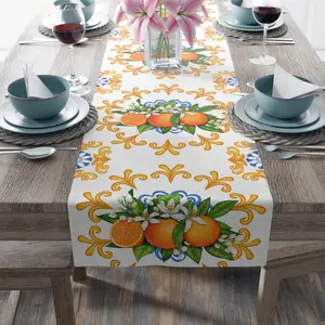 Sicilian Italian Ceramics Watercolor Orange Blossom flower Mediterranean tile pattern Italy Majolica style Table Runner (Cotton, Poly)