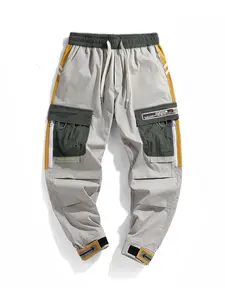 Men's Colorblock Letter Tape Drawstring Waist Cargo Pants, Casual Street Pocket Elastic Waist Jogger Pants for Daily Wear, Mens Bottoms for All Seasons