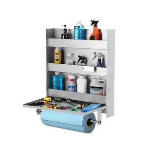 Foldable Wall-Mounted Metal Tool Organizer Cabinet, Multi-Tier Storage Shelf with Paper Towel Holder, Heavy Duty Rack for Garage, Workshop, Maintenance Center, Warehouse