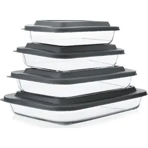 8-Piece Deep Glass Baking Dish Set with Plastic lids,Rectangular Glass Bakeware Set with Lids, Baking Pans for Lasagna, Leftovers, Cooking, Kitchen, Freezer-to-Oven and Dishwasher, Gray