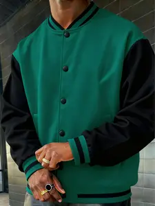 Men's Colorblock Baseball Jacket, Vintage Contrast Design, Satin Sleeve Patchwork, All Seasons Fitted Outerwear, Street Style