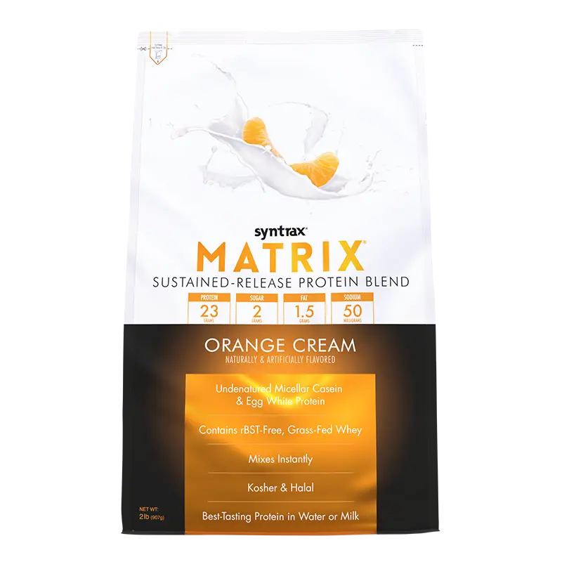Syntrax Nutrition Matrix, Sustained-Release Protein Blend Orange Cream 2 lbs Undenatured Micellar Casein & Whey Blend for Easy Mixing