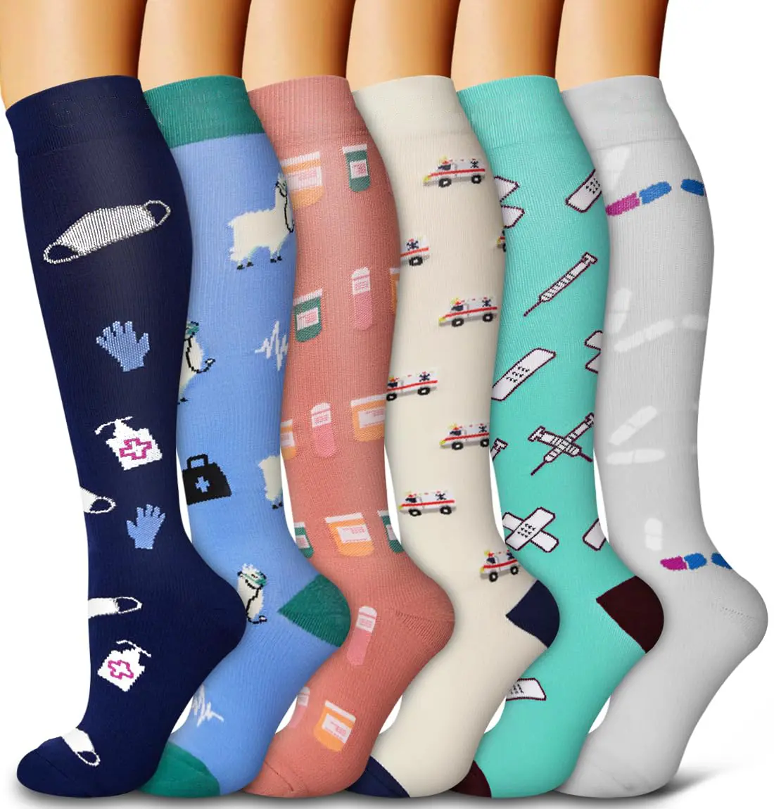 Tinylemon 6 Pairs Unisex Lightweight Stretchy Compression Socks - Fitness Support, Machine Washable, Multicolor Mix for Running, Athletic Activities, Compression Socks Women