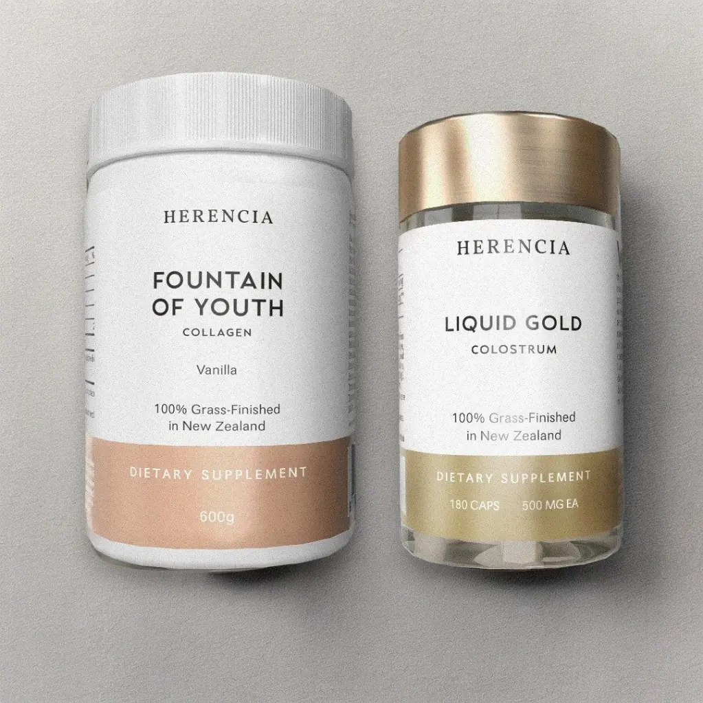 'Fountain of Youth' & 'Liquid Gold'  – Collagen Peptides & Colostrum Capsules, by Herencia