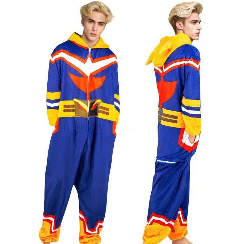 MHA Cosplay Costume, All Might Cosplay Costume Onesie, Anime Izuku Midoriya Teacher Flannel Pajamas for Halloween MHA Cosplay Costume, All Might Cosplay Costume Onesie, Anime Izuku Midoriya Teacher Flannel Pajamas for Halloween