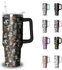 Printed Mushroom 40 oz Stainless Steel Insulated Water Bottle with Handle, Lid and Straw - Portable Insulation Drinkware, Travel Coffee Mug, Birthday Gift for Animal Lovers