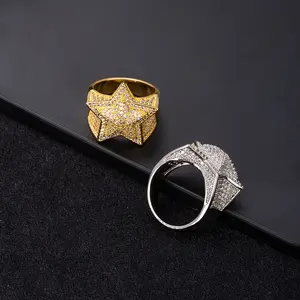 Bling Mens Rings Fashion Hip Hop New Arrival Iced Out Five-Pointed Star Pentacle Stereoscopic Micro Pave Zircon Big Rings
