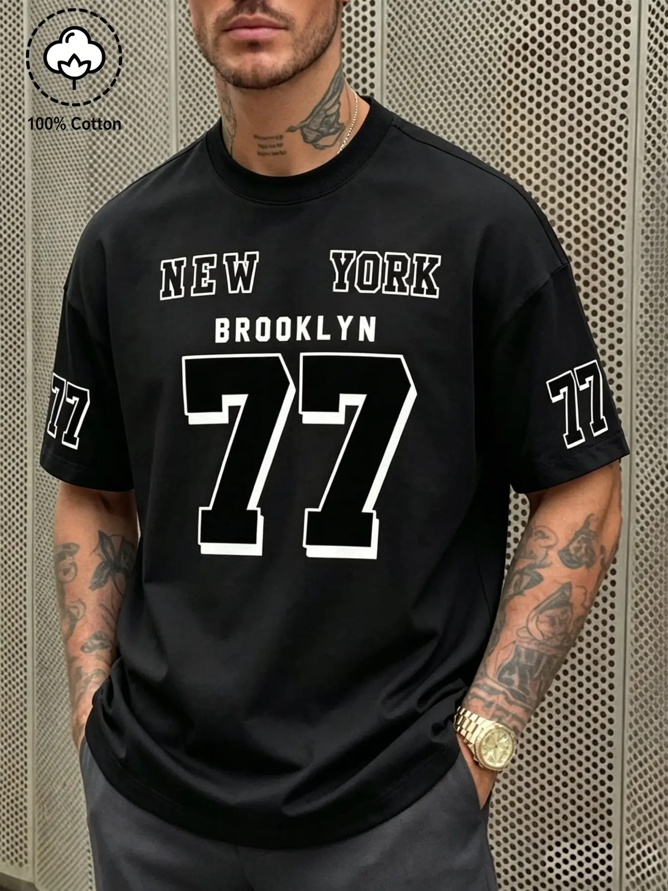 Men's New York Brooklyn 77 Varsity Print T-Shirt, 100% Cotton Breathable Casual Oversized Streetwear Sports Style Short Sleeve Top