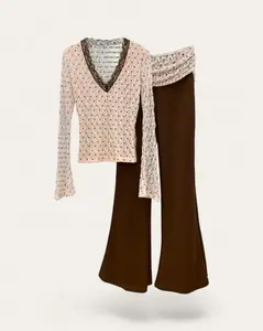 Women's 2-Piece Knit Clothes Set - V-Neck Long-Sleeve Lace Top, Slim-Fitted Flared Pants, Elegant Casual Style