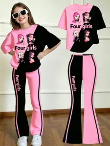 Trendy Girls' Two-Piece Set, Patchwork T-Shirt + Bell Bottoms, Cartoon Print Casual Sportswear, Sports Suit, Kids Fashion