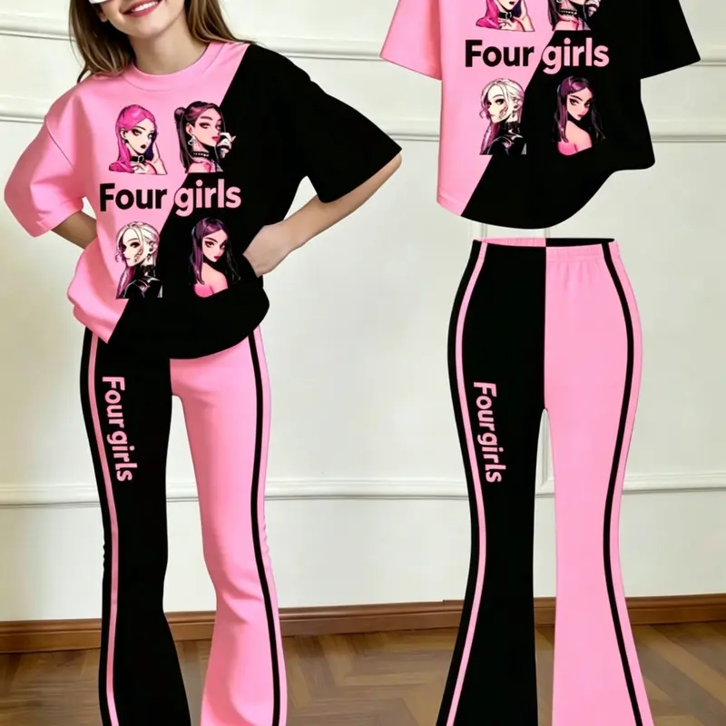 Trendy Girls' Two-Piece Set, Patchwork T-Shirt + Bell Bottoms, Cartoon Print Casual Sportswear, Summer Sport Set, Sports Suit, Kids Fashion, Kids Girls Clothing, Clothes Sets