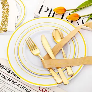 I00000 60 Pieces Gold Plastic Plates, Heavy Duty White and Gold Plastic Plates for 30 Guests Include: 30 Gold Rim Dinner Plates and 30 Gold Dessert Plates Perfect for Wedding & Party