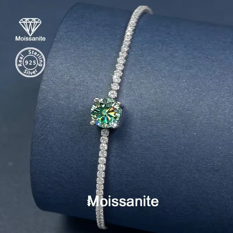 Green Moissanite Tennis Bracelet for Women, 925 Sterling Silver Adjustable Bracelet with Lab Created Diamond, D Color VVS1 Clarity, Hypoallergenic Fine Jewelry, Gift for Anniversary Birthday