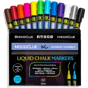 12 neon erasable liquid chalk markers, suitable for whiteboards, glass boards, chalkboards, windows, mirrors, car windshields, odorless non-toxic, wet or dry erase with thick and thin tip