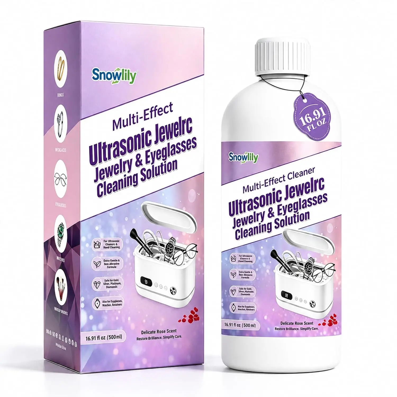 Snowlily Ultrasonic Jewelry Cleaner Concentrate - 16.9fl oz Professional Gentle Rose-Scented Liquid, Concentrated All-Purpose Multi-Purpose Cleaner for Eyeglasses, Jewelry, Concentrated All-Purpose Cleaners, Multi-Purpose All-Purpose Cleaners