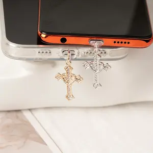 Sparkling Crystal Cross Phone Dust Plug, Y2K Bling Charging Port Charm, Elegant Goth Pendant Phone Charms, Phone Decor for iPhone & Type-C