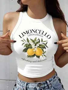 Women's Lemon Print Round Neck Tank Top, Casual Tank Tops, Casual Sleeveless Top for Spring, Women's Clothing for Daily Wear