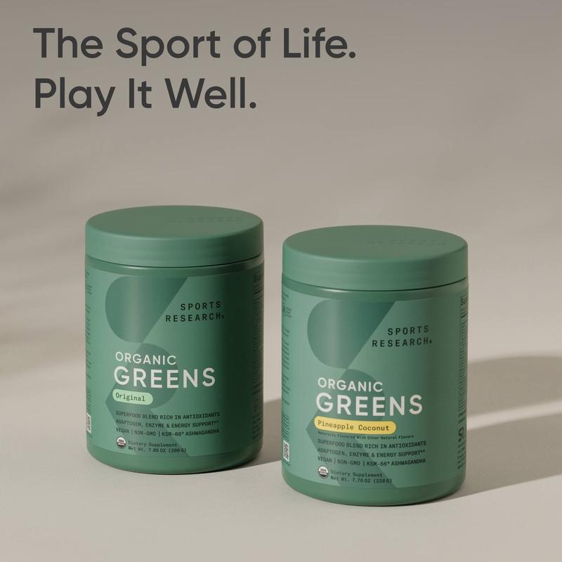 Sports Research® Organic Greens Superfood Powder w/ Spirulina & Chlorella, Adaptogens, Enzymes, Probiotics & 8 Vit Bs for Gut & Mood Support* -Vegan, Sugar-Free & Low-Cal Pineapple Coconut 20 Servings