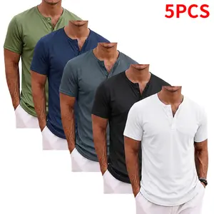 5-piece set: men’s solid-color casual short-sleeve Henley shirts with lightweight buttons; suitable for casual work and sports; comfortable fabric, super breathable, showcases muscle lines—men’s summer wear.,summervibes