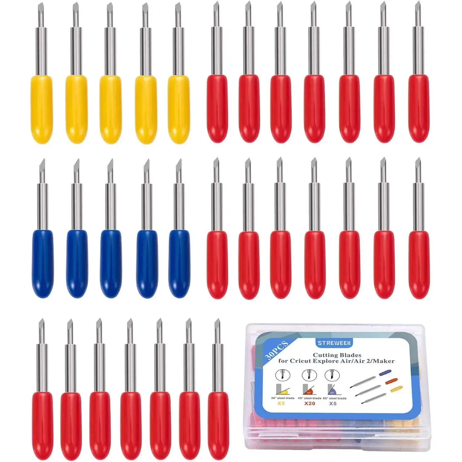 30PCS Fine Point Blades,Cutting Blades for Cricut Explore Air 2/Air 3/ Maker 3 Expression, including 5PCS 30°shallow blades, 20PCS 45°standard blades and 5PCS 60°deep cutting blades