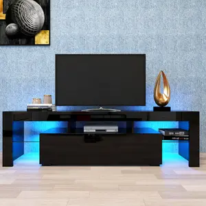 Modern Black TV Stand LED TV Stand with Remote Control Lights 63x13.8x17.7in High Capacity Console Easy Install Matt Laminate Finish  LED Lights