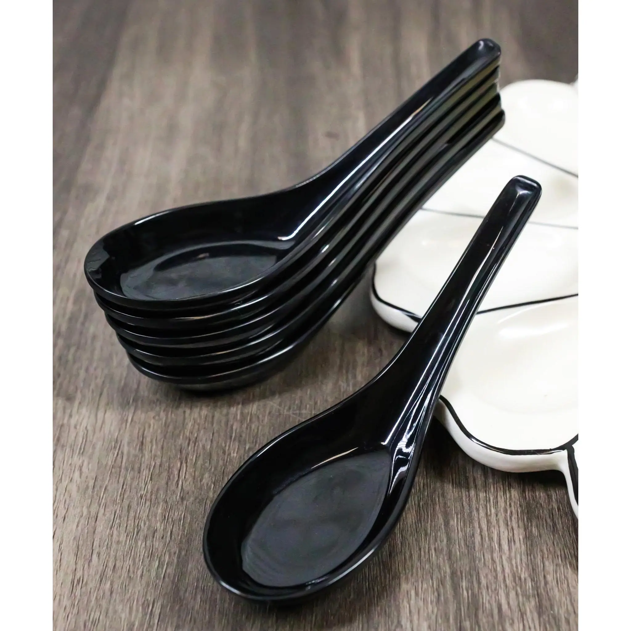 Contemporary High Gloss Finish Black Melamine Asian Soup Spoons Pack Of 6 Set