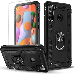 Compatible with Samsung Galaxy A21 Phone Case, with [Tempered Glass Screen Protector Included], Military Grade Shockproof Protective Dual Layer Phone Cover with Metal Ring Kickstand - Black