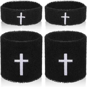Household daily necessities Cross Bicep Bands Wrist Bands 4 Pcs - Christian Arm Sweat Wristbands for Men Women Absorbent Armband for Football Baseball Basketball Sports Activities (Black)
