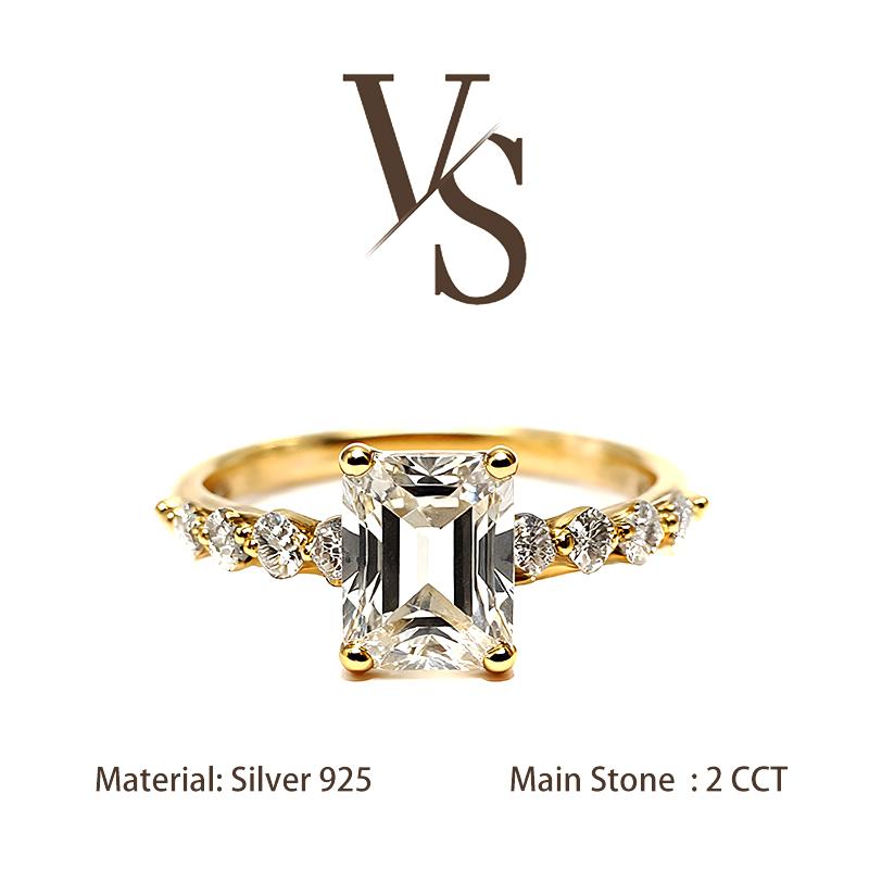 [Venus Jewelry] Synthetic Moissanite 2 CCT Emerald Cut Bubble Band Design VVS 1 D Color Solid Silver 925 Solitare Ring