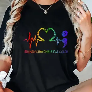 100% Cotton Broken Crayons Still Color" Semicolon Heart Graphic T-Shirt - Women's Inspirational Mental Health Awareness, Soft, , Black Tee with EKG Line Design