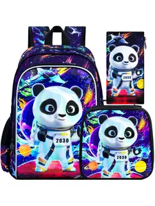 3Pcs Boys Backpack, 16" Panda School Backpacks with Lunch Box, Kids Bookbag for Elementary Preschool Kindergarten(Black)