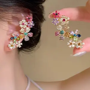 Dopamine Colorful Full-Diamond Flower Stud Earrings with Integrated Ear Cuff - Extremely Beautiful Earrings with Unique Design E50119-EH